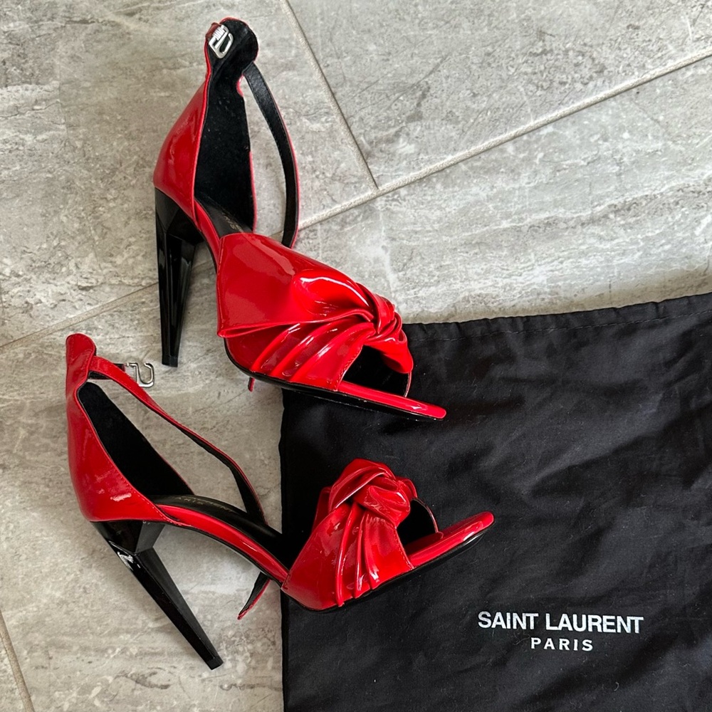 Saint Laurent Red Patent Leather Bow Ankle Strap Heels - Made in Italy - Size 37 - Picture 3 of 14